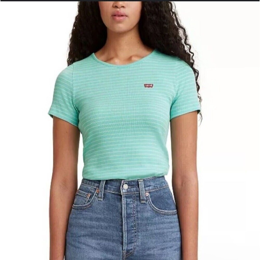 Levis striped t shirt with logo teal and white womens size Large short sleeve